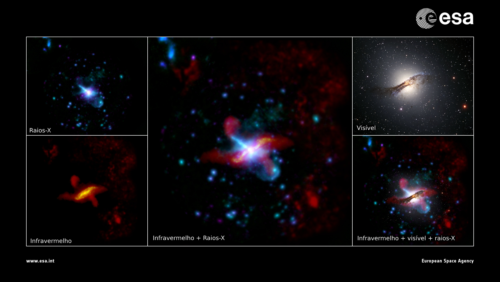 A galáxia Centaurus A, também conhecida como NGC 5128, observada em diferentes comprimentos de onda de raio-x e infravermelho