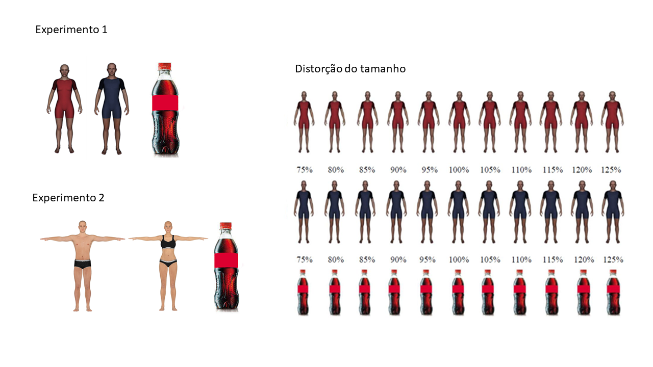A imagem tem fundo branco e está dividia em três partes. No alto, à esquerda, há uma figura de um modelo 3D masculino com roupa azul, um modelo 3D feminino com roupa vermelha e uma garrafa de refrigerante. Os modelos masculino e feminino não têm cabelos e o formato de seus corpos é parecido, exceto pela presença de seios no modelo feminino. Abaixo, à esquerda, há um modelo 3D masculino de braços abertos, ombros largos, braços musculosos, vestido com uma sunga preta; um modelo 3D feminino de braços abertos, quadril largo e cintura mais fina, vestido com um biquíni preto; e uma garrafa de refrigerante. Os modelos não têm cabelos. À direita, três fileiras mostram os tamanhos das imagens dos modelos 3D e da garrafa distorcidos para mais e para menos.