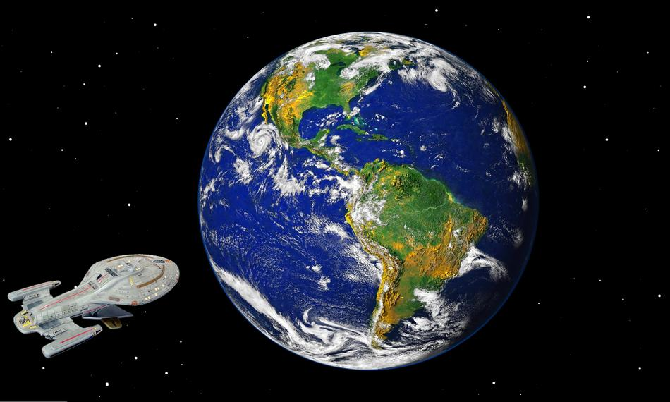 Representação do planeta terra vista do espaço, com uma nave espacial ao longe.